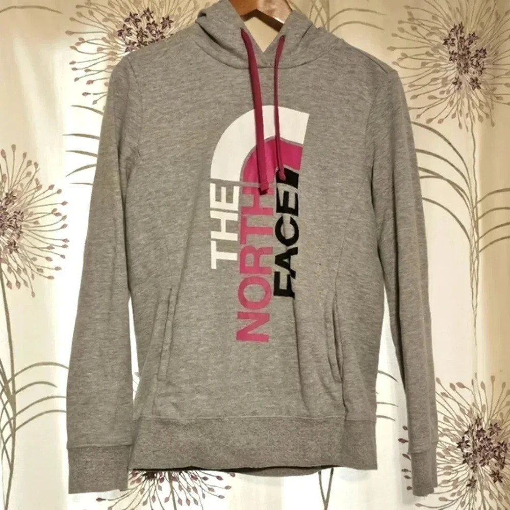 The North Face Sweat Shirt Hoodie Grey.| Big Pink Logo Wmns Sz M